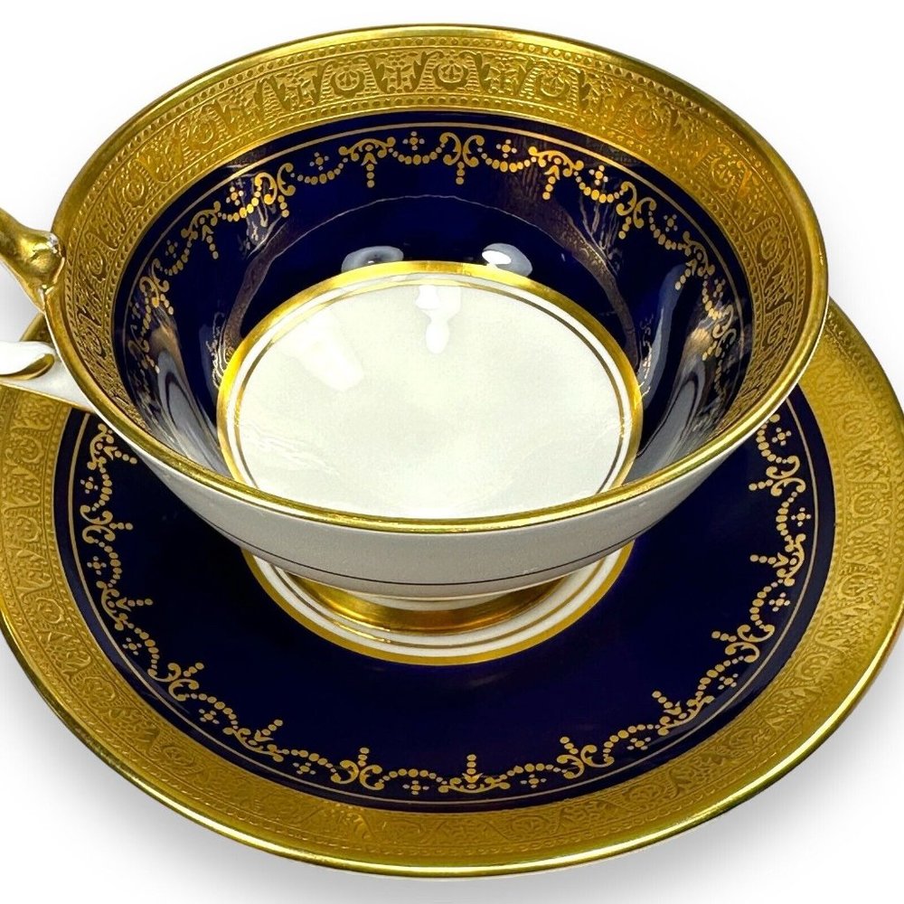 RARE! 🦄 AYNSLEY GEORGIAN COBALT • FOOTED CUP & SAUCER 7348 • ENGLAND •